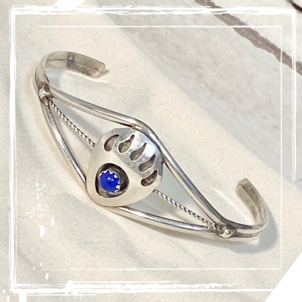 Lapis Lazuli Sterling Silver Bear Paw Navajo Baby Cuff Bracelet - Picture 2 of 8